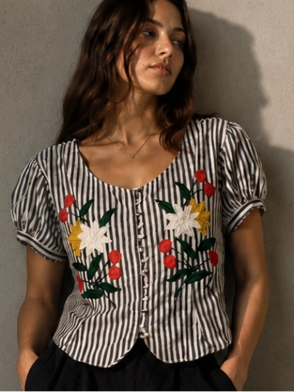 πΏβVintage Toshi Paris Embroidered Floral Stripe Blouse | Size Large